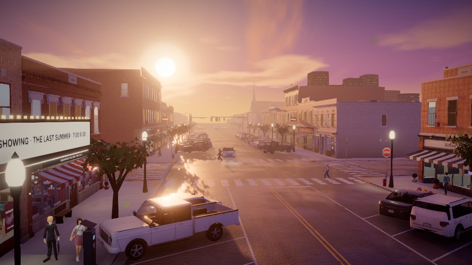 Eveningside's Main Street at dusk